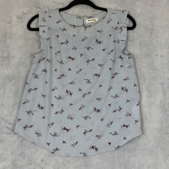 Monteau Los Angeles Top Sz Small Bird Pattern Pleated Cap Sleeve Keyhole Back - Picture 10 of 10